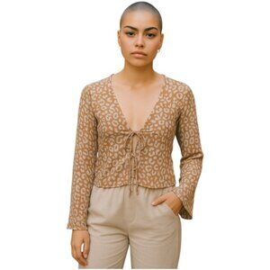 Motel Rocks Medium Tan Lilac Long Sleeve Plunge Neck Front Tie Top